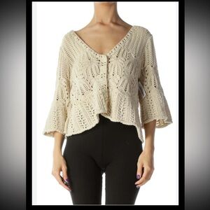 Free People Ivory Cream Crochet Knit Snap Button Cardigan Size Small